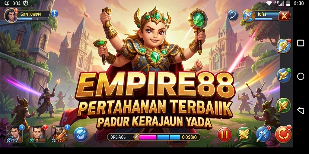 Tangkapan layar menunjukkan aksi seru dalam EMPIRE88 dengan menara pertahanan berfungsi optimal.