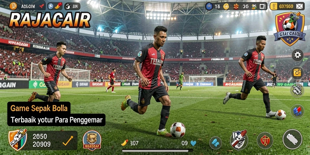 Tampilan gameplay RAJACAIR yang menegangkan dalam aksi sepak bola.