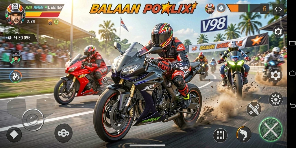 Tampilan gameplay V98 menampilkan balapan motor yang seru dan mendebarkan.